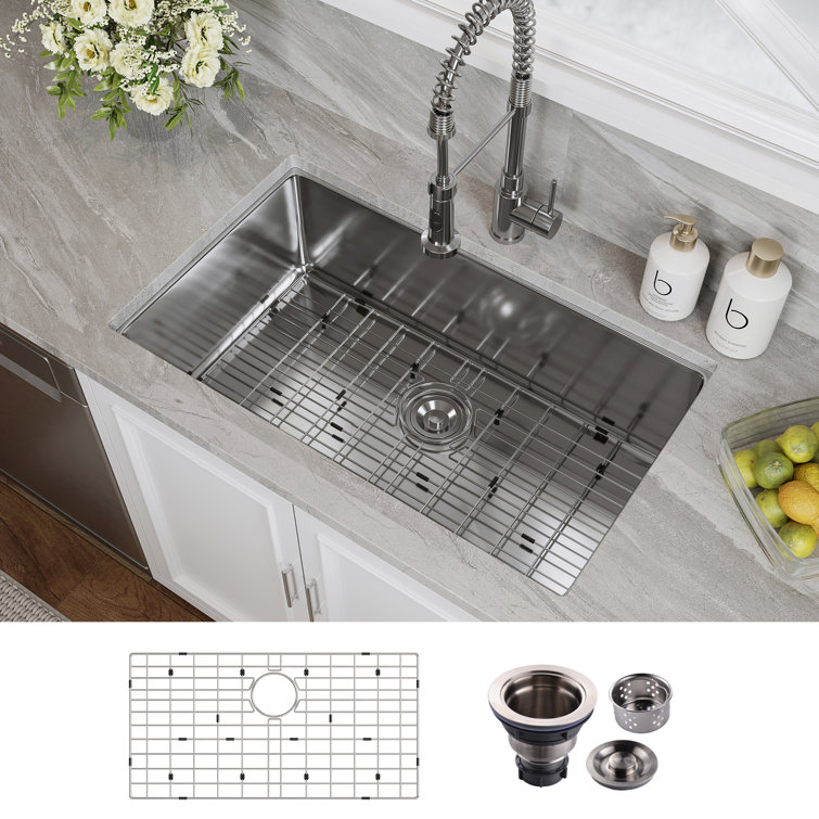 Elaina 32" Single Bowl Stainless Steel Kitchen Sink with Grid and Strainer