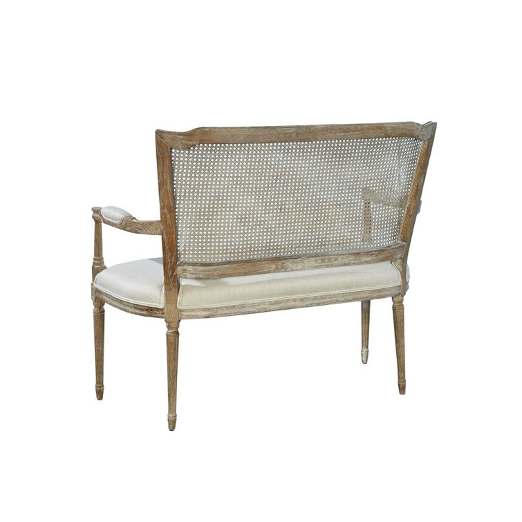 Gray Oak and Cane Back Settee with Linen Upholstery