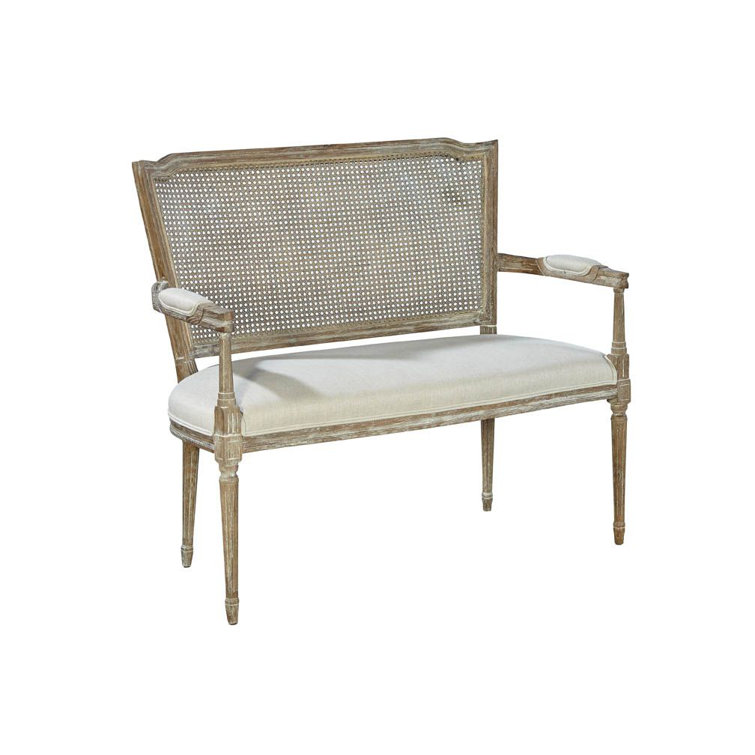 Gray Oak and Cane Back Settee with Linen Upholstery