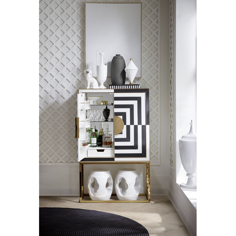 Charcoal and Ivory Glass Paneled Bar Cabinet with Brass Details