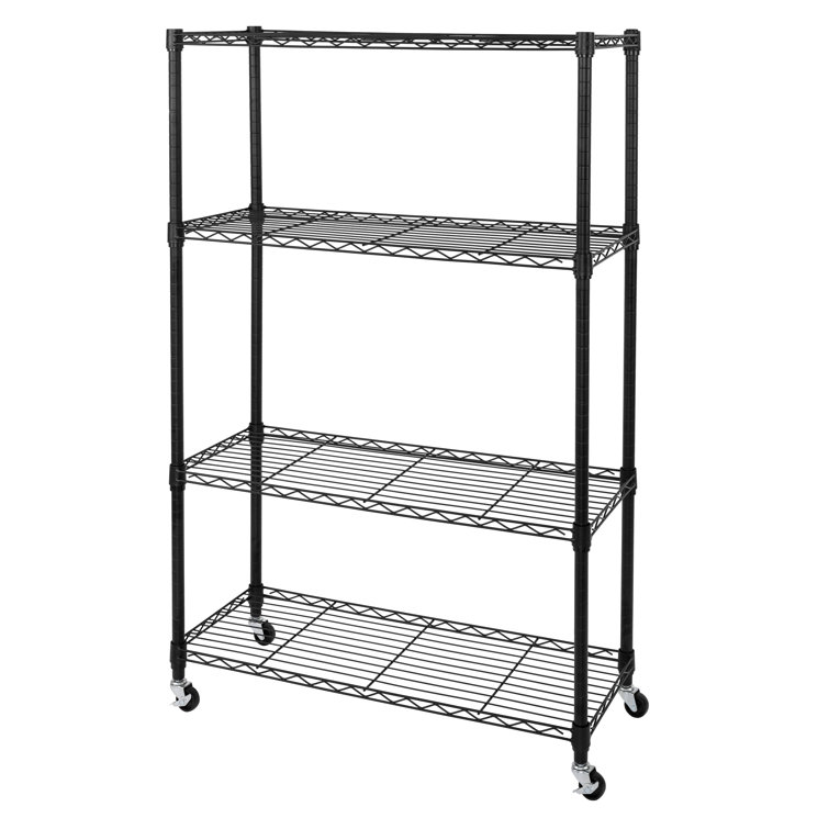 Adjustable Black Steel 4-Tier Wire Shelving Unit with Wheels