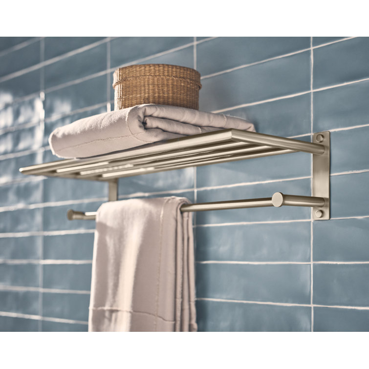 Brushed Nickel Wall Mounted Towel Storage Shelf with Bar