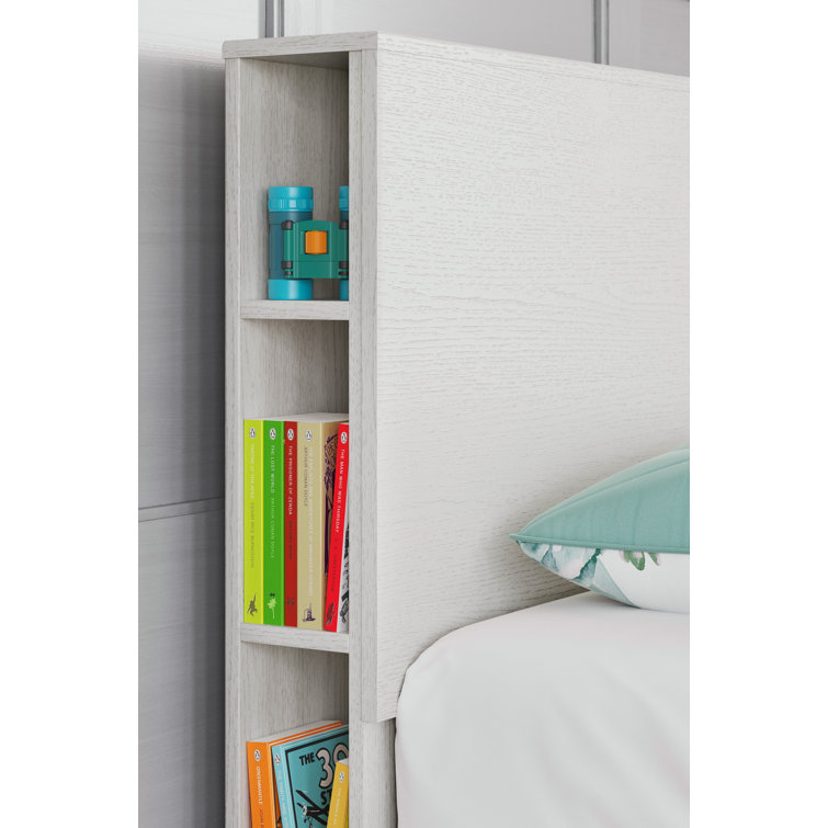White Twin Upholstered Wood Bookcase Headboard with Storage