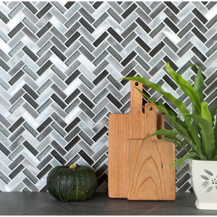 Gray Chevron Glass and Aluminum Mosaic Wall Tile