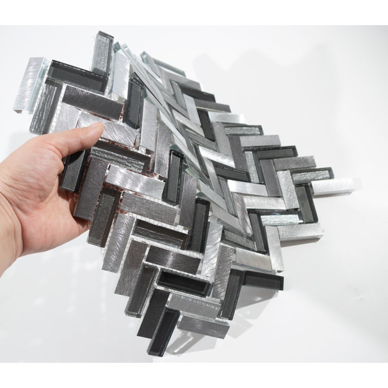 Gray Chevron Glass and Aluminum Mosaic Wall Tile