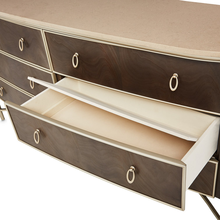 Hazelnut Birch Double Dresser with Curved Mirror & Soft Close Drawer
