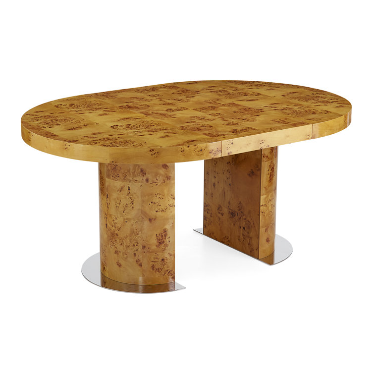 Honey-Hued Round Extendable Wood Dining Table with Nickel Base