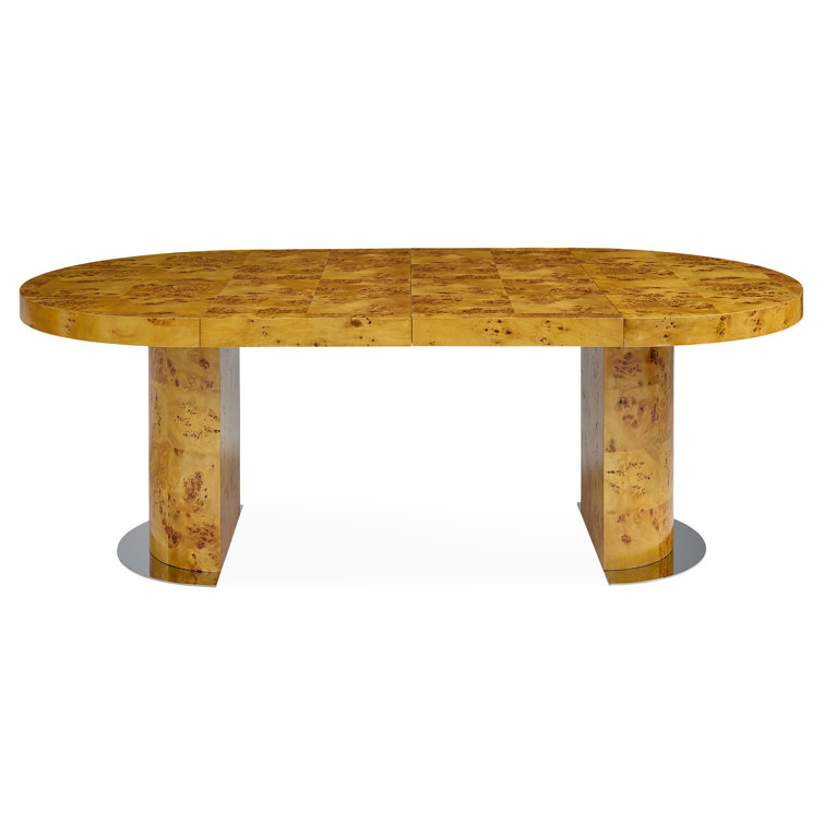 Honey-Hued Round Extendable Wood Dining Table with Nickel Base