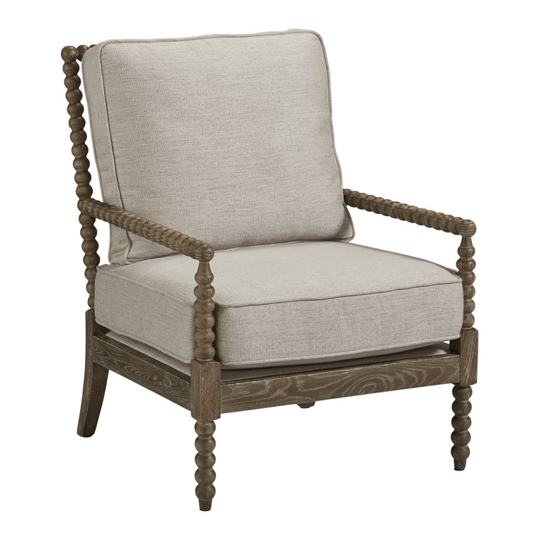 Transitional Sara Light Gray Linen and Brown Wood Armchair