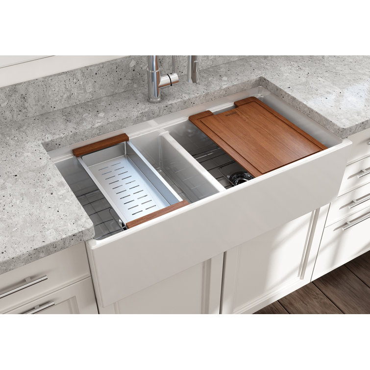 White Fireclay Double Bowl Farmhouse Apron Front Kitchen Sink with Accessories