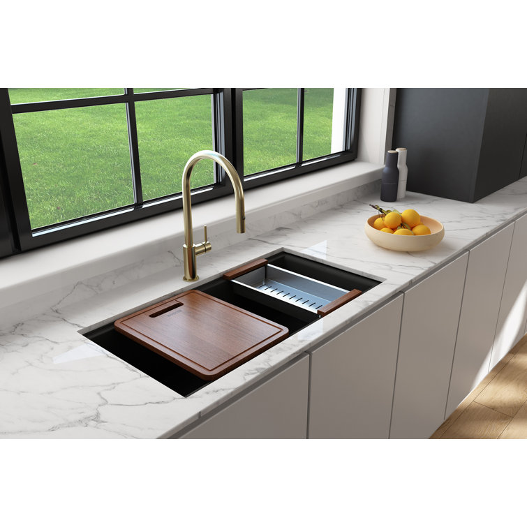 Metallic Black Granite Composite Double Bowl Undermount Kitchen Sink