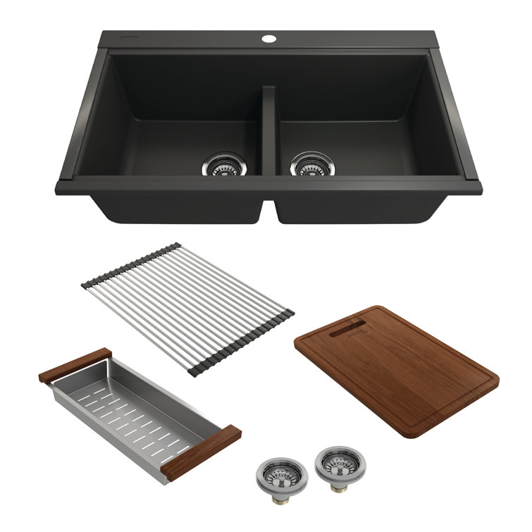 Metallic Black Granite Composite Double Bowl Undermount Kitchen Sink