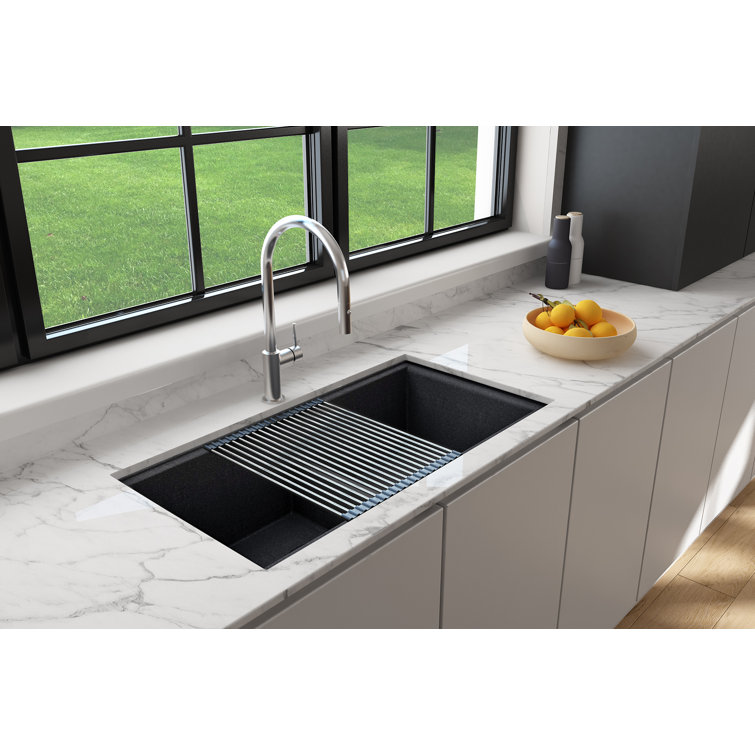 Metallic Black Granite Composite Double Bowl Undermount Kitchen Sink