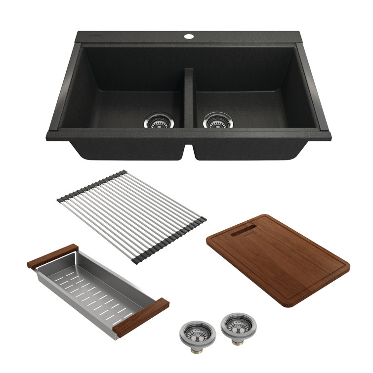 Metallic Black Granite Composite Double Bowl Undermount Kitchen Sink