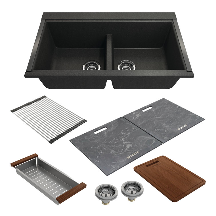 Baveno Lux 34" Metallic Black Granite Single Bowl Drop-In Kitchen Sink