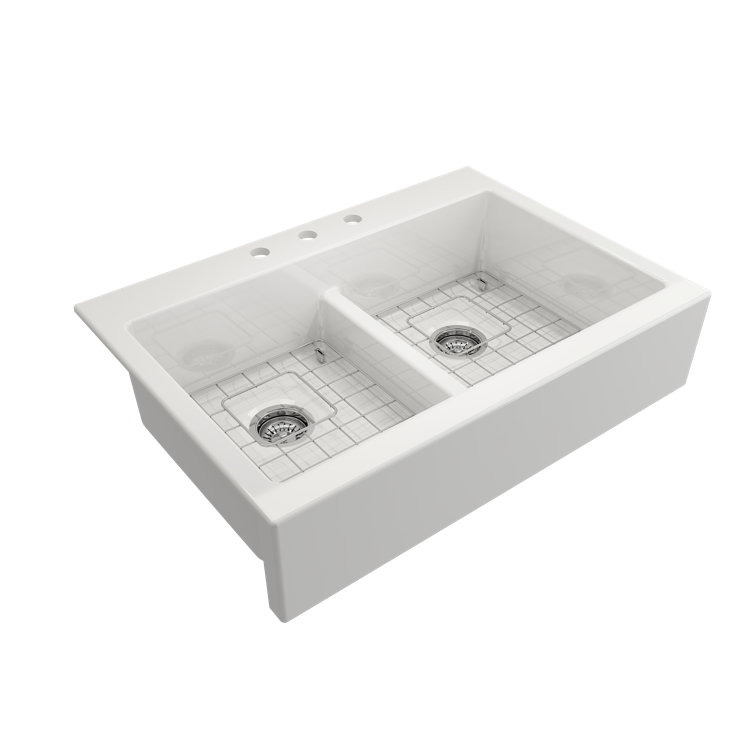 Nuova 34'' White Fireclay Double Bowl Farmhouse Sink