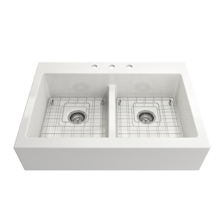 Nuova 34'' White Fireclay Double Bowl Farmhouse Sink