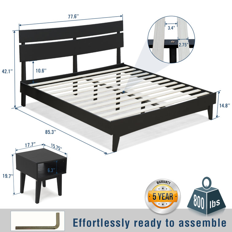 Aurora Black King Solid Wood Platform Bed Frame with Nightstand