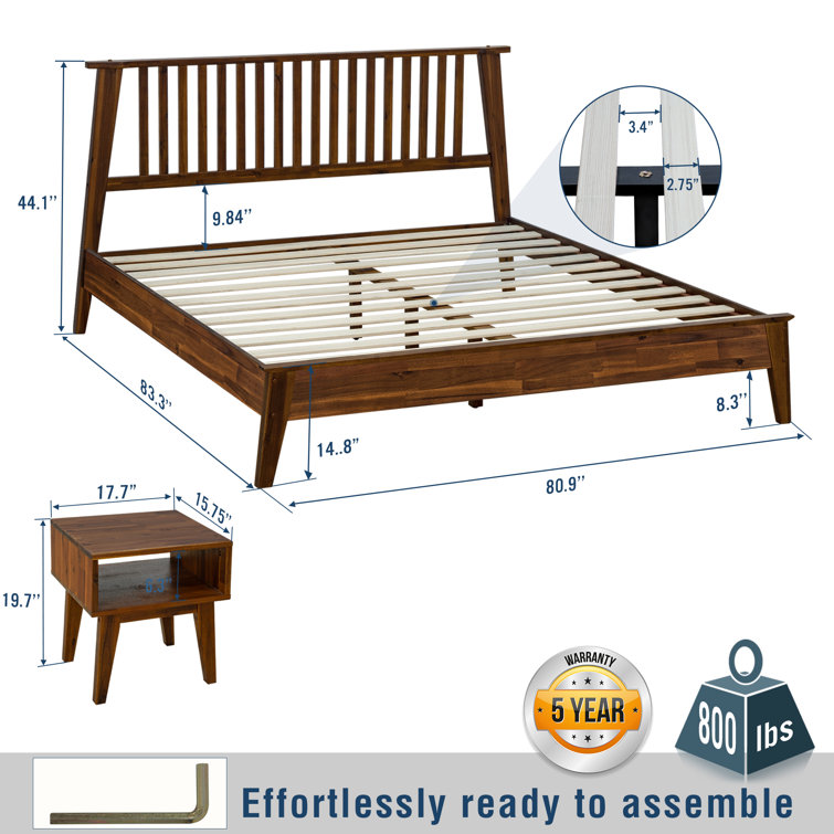 Kaylin King Walnut Solid Wood Platform Bed Frame with Nightstand