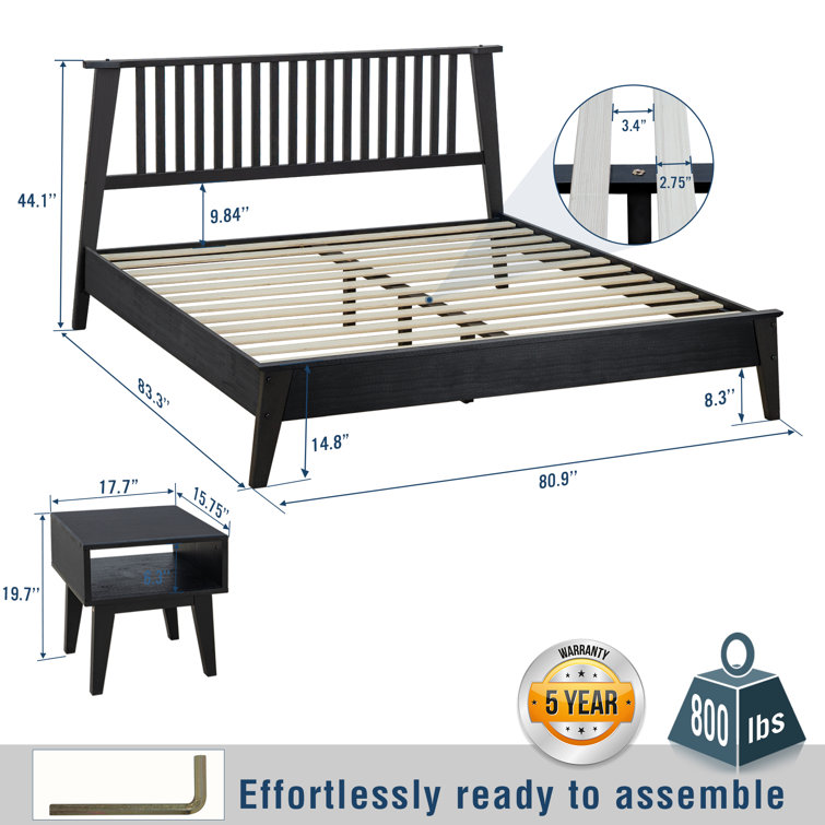 Kaylin Black Solid Wood King Platform Bed Frame with Nightstand