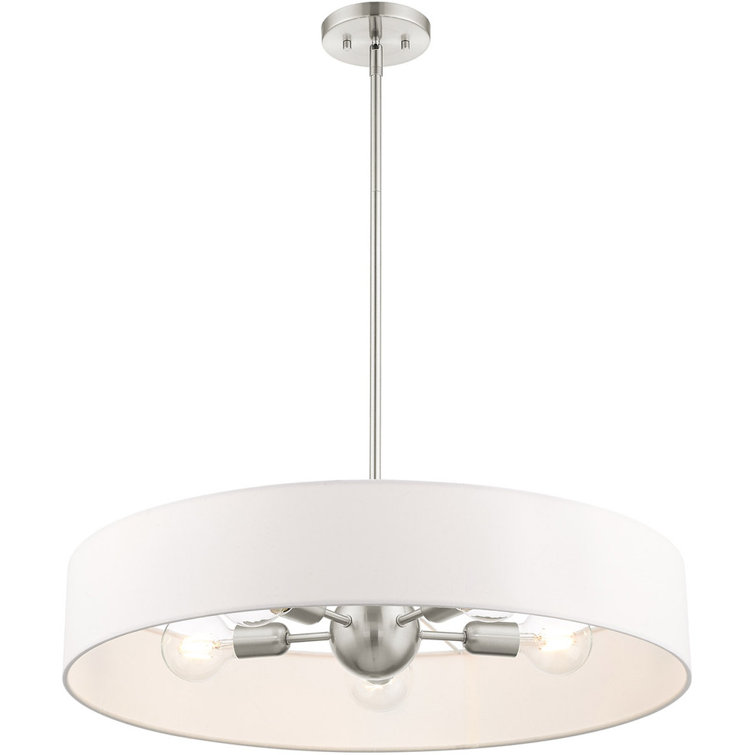 Elegant Brushed Nickel 5-Light Drum Pendant with Crystal Accents and Off-White Shade