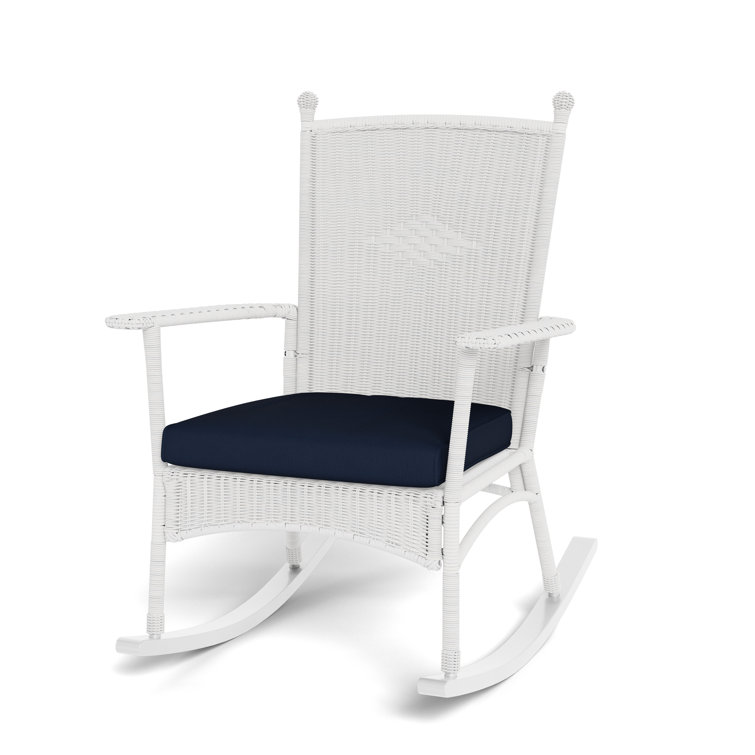 Portside Coastal White Wicker Rocking Chair with Navy Cushion