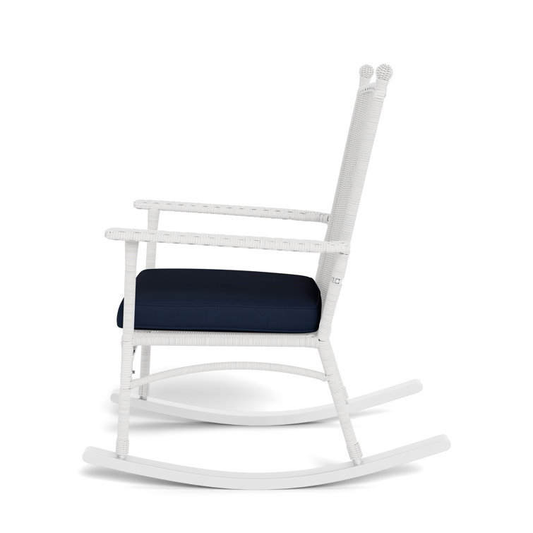 Portside Coastal White Wicker Rocking Chair with Navy Cushion