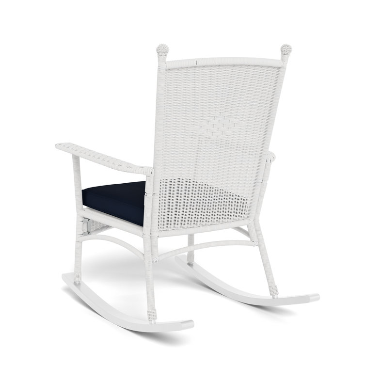 Portside Coastal White Wicker Rocking Chair with Navy Cushion