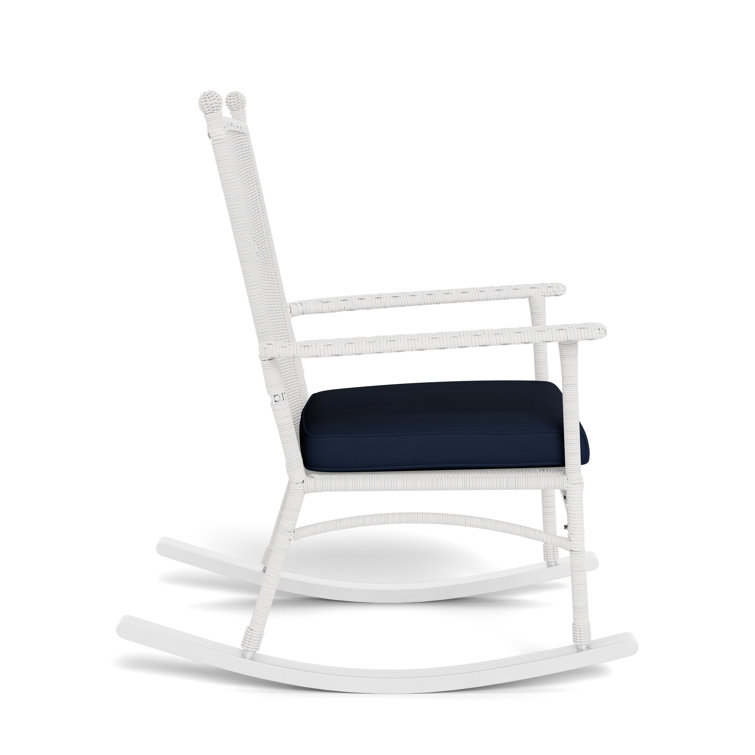 Portside Coastal White Wicker Rocking Chair with Navy Cushion
