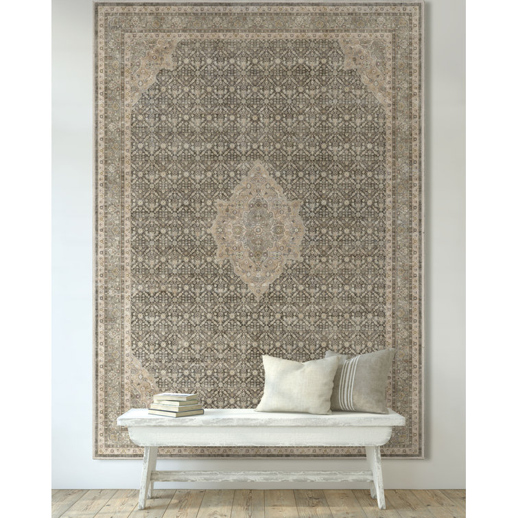 Grey Beige 5' x 7' Vintage Oriental Chenille Rug