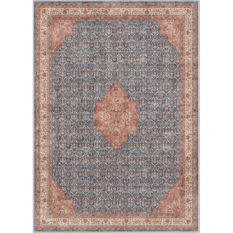 Blue Red 5' x 7' Chenille Oriental Area Rug