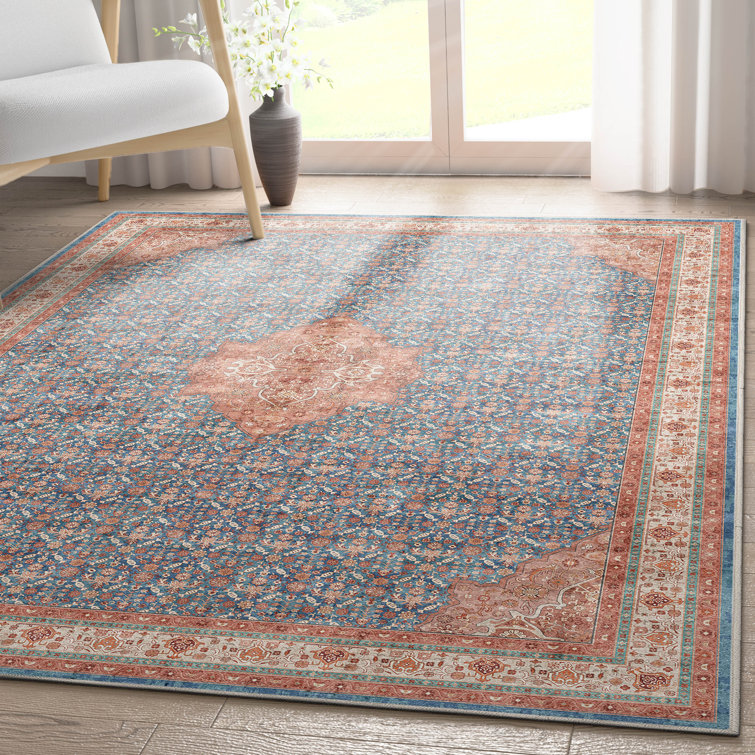 Blue Red 5' x 7' Chenille Oriental Area Rug