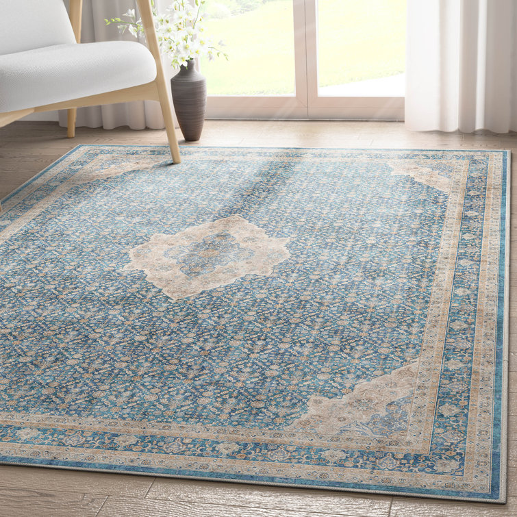 Blue Chenille Oriental Washable Reversible 5' x 7' Rug