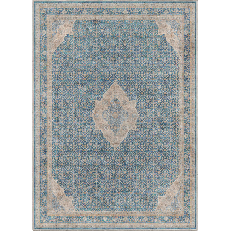 Blue Chenille Oriental Washable Reversible 5' x 7' Rug