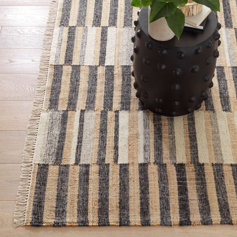 Ravel Black and Natural Handwoven Wool Stripe Rug