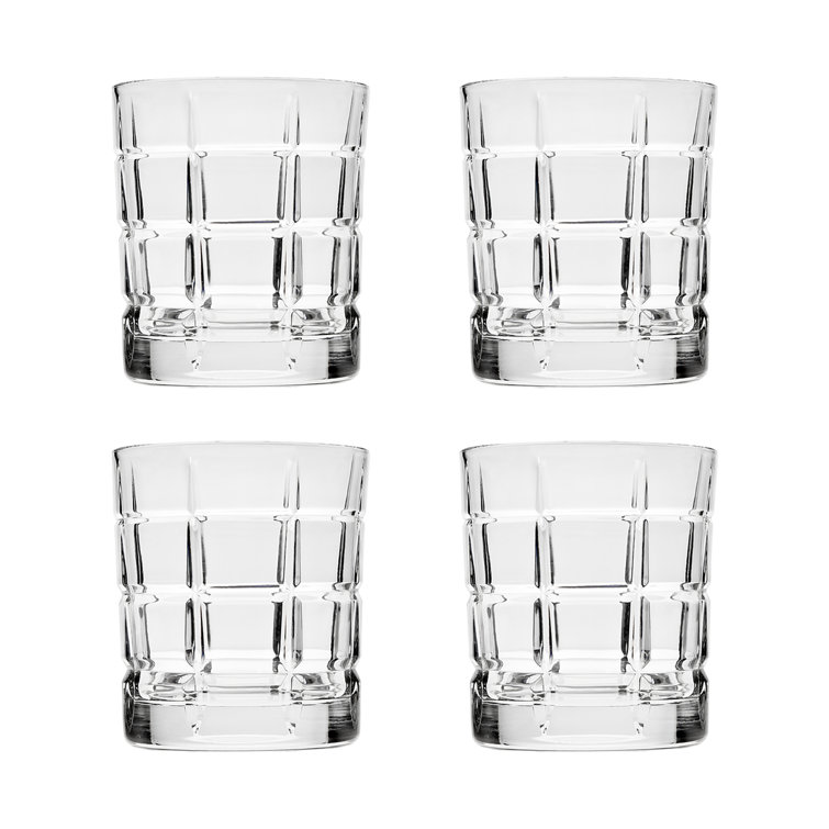 Plaid Pattern Clear Glass Whiskey Tumblers, Set of 4, 13.5 oz