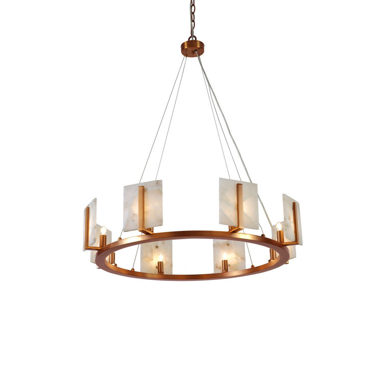 Antique Brass & Alabaster 8-Light Wagon Wheel Chandelier