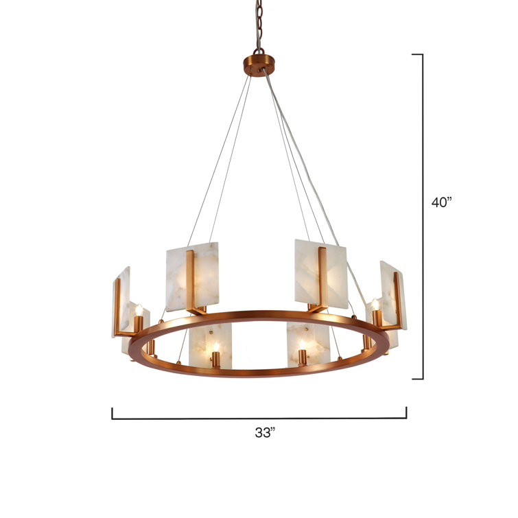 Antique Brass & Alabaster 8-Light Wagon Wheel Chandelier