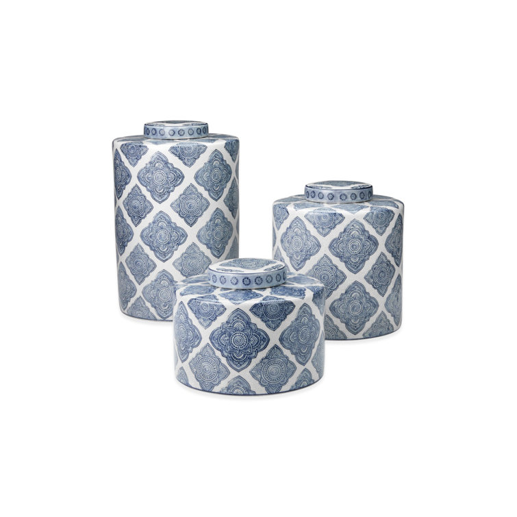 Set of 2 Blue and White Ceramic Canisters