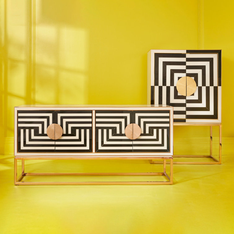 Op Art 64'' Black and White Glass Buffet with Brass Base