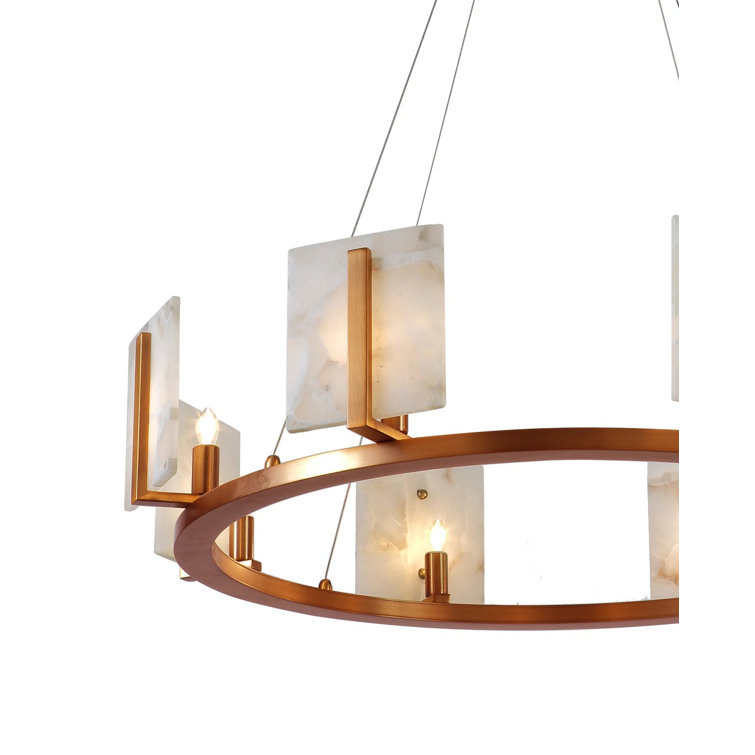 Antique Brass & Alabaster 8-Light Wagon Wheel Chandelier