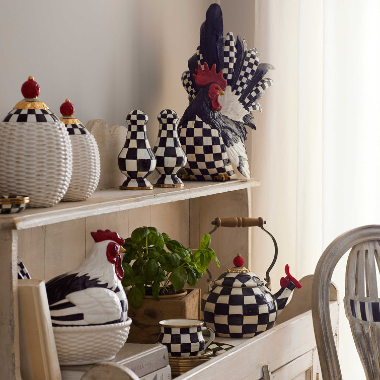 Black and White Checkered Enamel Whistling Tea Kettle with Wood Handle