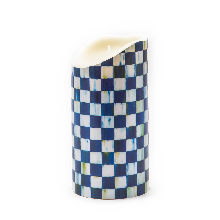 Royal Blue Check Flameless Pillar Candle with Remote