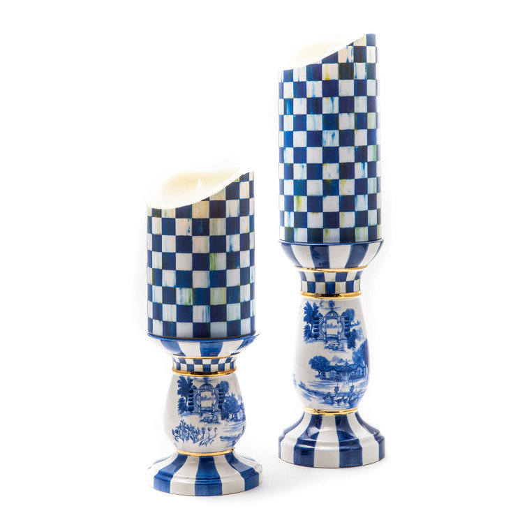 Royal Blue Check Flameless Pillar Candle with Remote