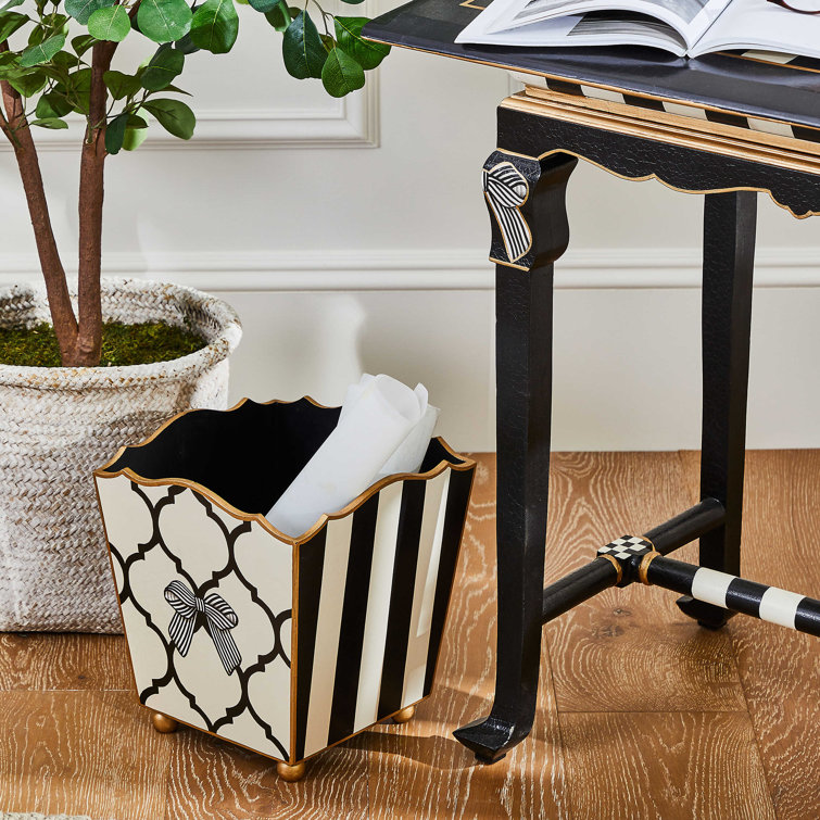 Black and White Hand-Painted Wood Waste Bin
