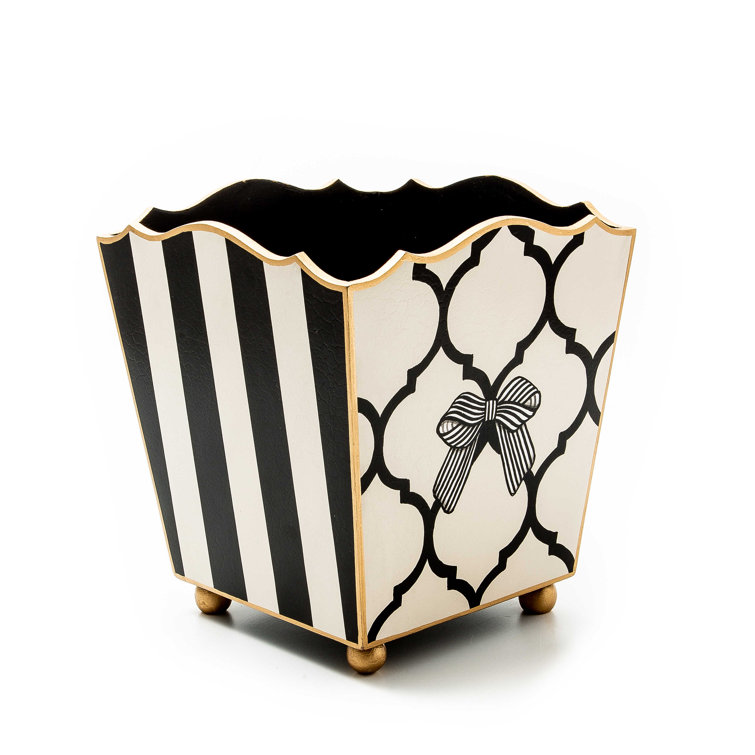 Black and White Hand-Painted Wood Waste Bin