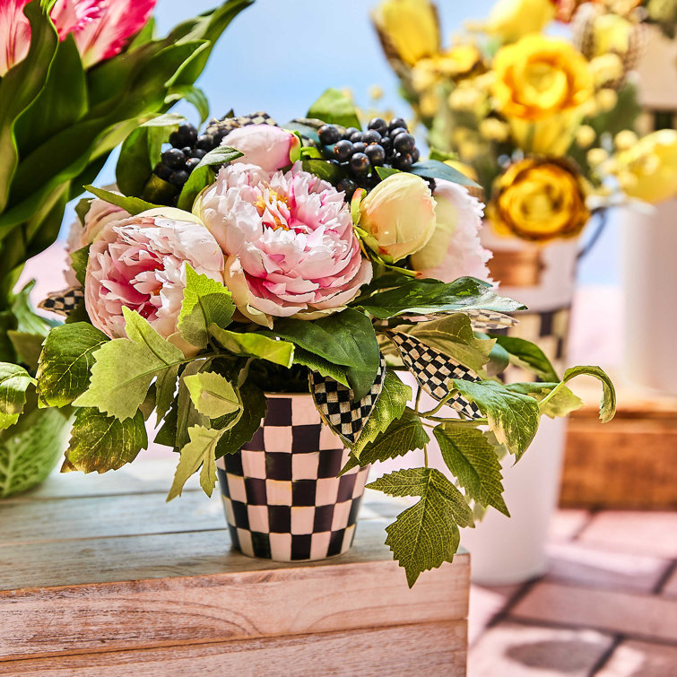Pink Peony Floral Arrangement in Ceramic Checkered Pot