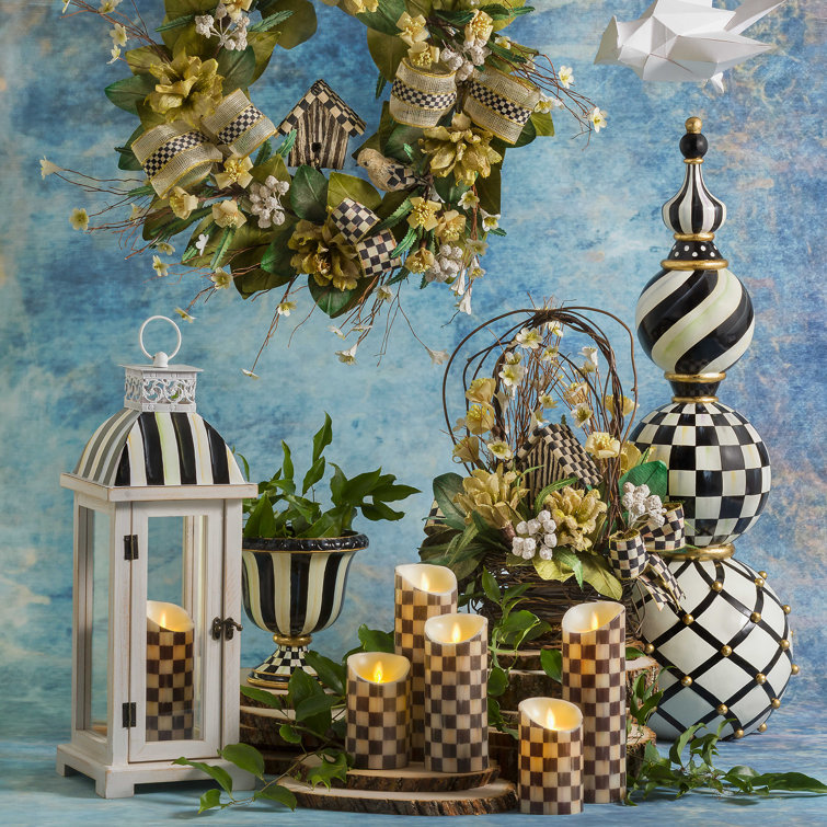 Black and White Striped Painted Urn with Golden Embellishments