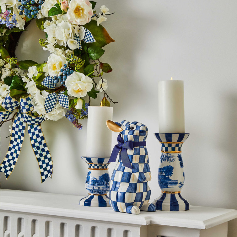 Handmade Blue and White Resin Bunny Figurine with Golden Ears