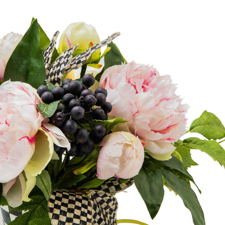 Pink Peony Floral Arrangement in Ceramic Checkered Pot